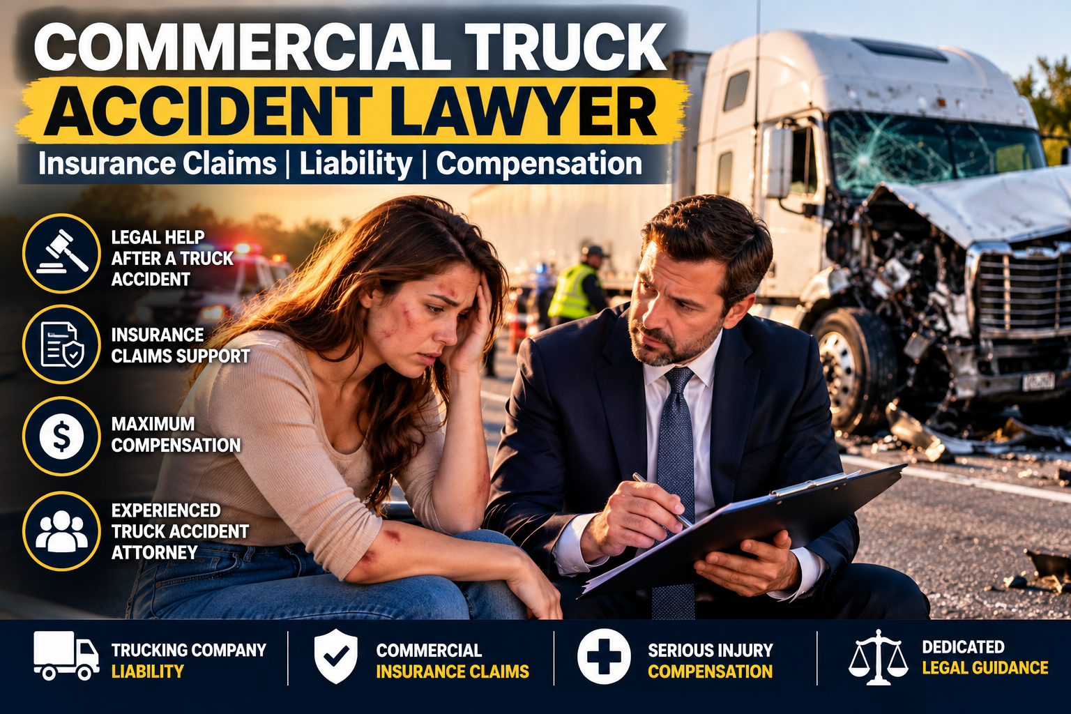 Commercial truck accident lawyer helping an injured woman with an insurance claim
